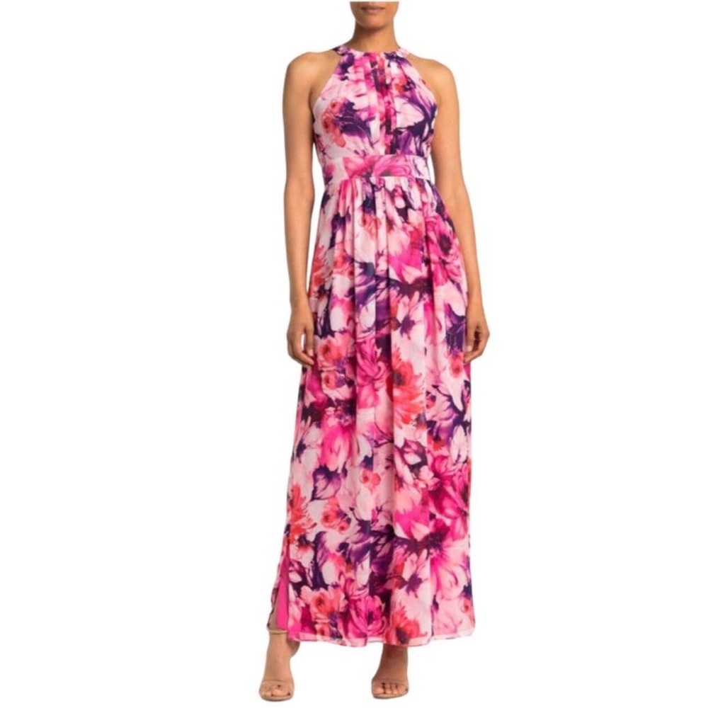 Eliza J. Floral Pink Halter Chiffon Maxi Dress Size 14